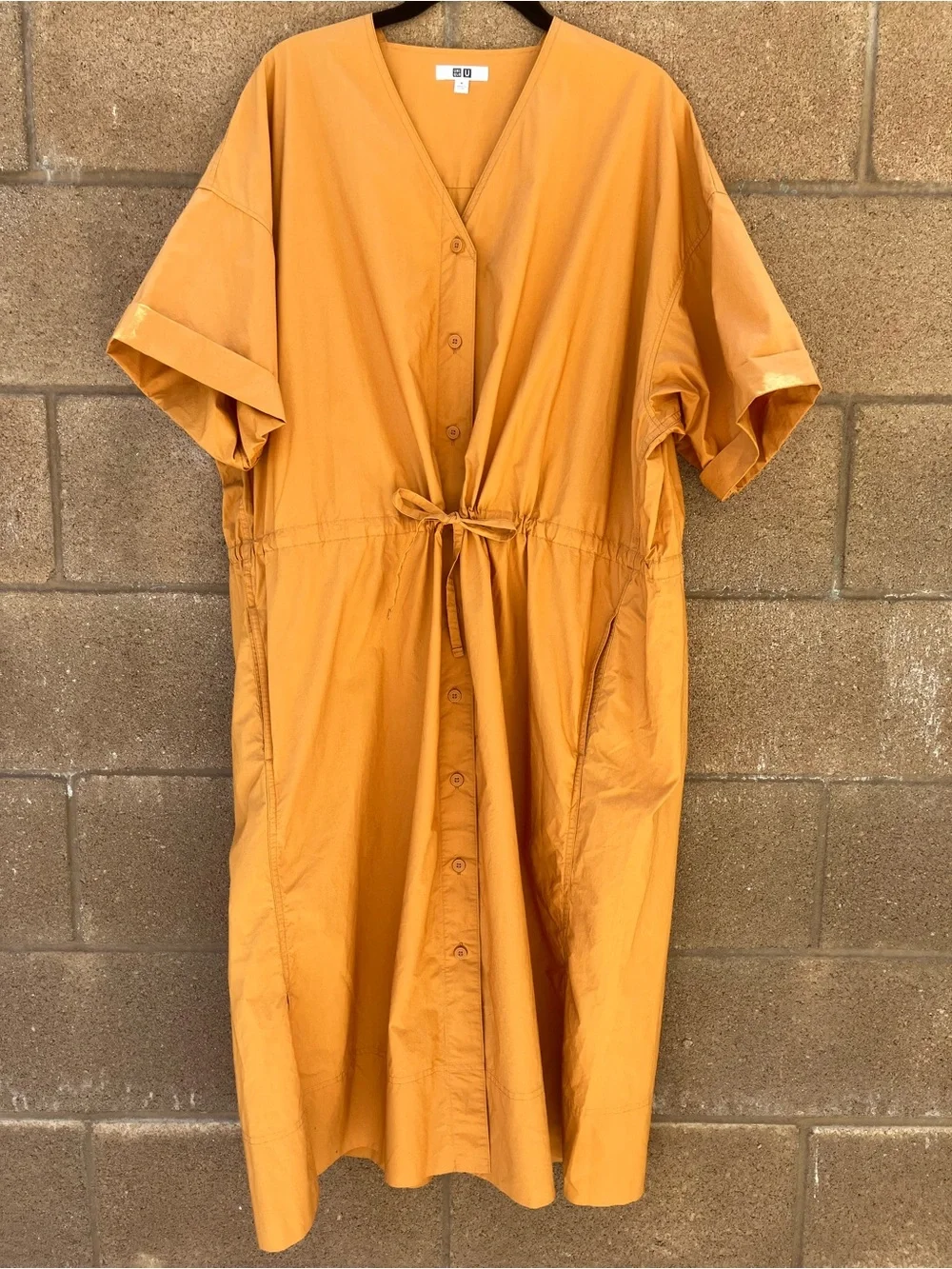Uniqlo U V-Neck Button-Front Dress in Mustard Orange